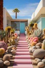 Deurstickers Under the open sky, a large house with a stunning pink staircase surrounded by cactus and lush flowerpots stands tall, creating a unique and vibrant outdoor landscape © Glittering Humanity