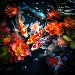 koi fish in dark water pond filled with colorful flowers and leaves River pond decorative orange underwater fishes nishikigoi. Aquarium koi Asian Japanese wildlife colorful landscape nature