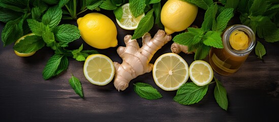 Ingredients for a ginger drink with lemon, honey, and lemon balm, a healthy food to enhance your immune system. Top view with space for text. - Powered by Adobe