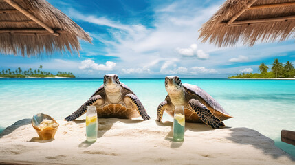 Two turtles on beautiful beach with white sand, turquoise ocean, blue sky with clouds and palm tree above water on sunny day on tropical island relaxing with cocktails. Vacation concept. 