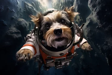 Foto auf Alu-Dibond a dog wearing an astronaut suit and helm floating in the colorful space universe, nebula behind. Generative AI technology © Romana