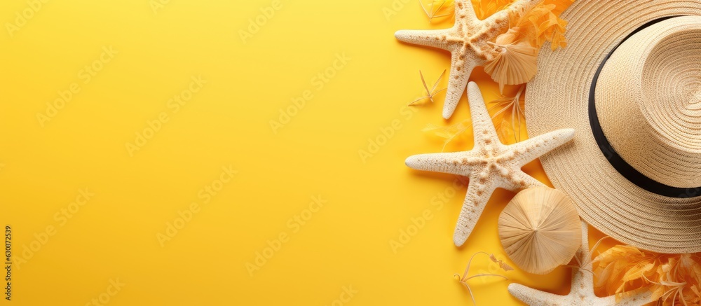 Poster a background of yellow with a straw hat, sunglasses, shell, and starfish. empty space on the left si
