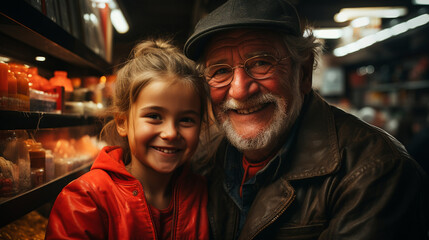 Grandfather and granddaughter shopping in the market. Generative Ai