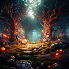 Fototapeta na wymiar Magical, dreamy, surreal fairy tale abstract forest. AI generation