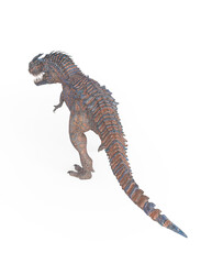 dinosaur monster is walking way on white background rear top view