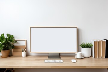 A visually appealing office setup picture featuring a computer with a blank screen, surrounded by trendy office supplies. The image is perfect for creating a graphic display montage with ample space