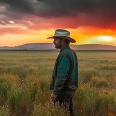 Harvesting the Future: A Farmer's Journey of Innovation and Growth, Uniting Cowboy Wisdom, Smart Farming, and Futuristic Agribusiness in a Panorama Sunset Field