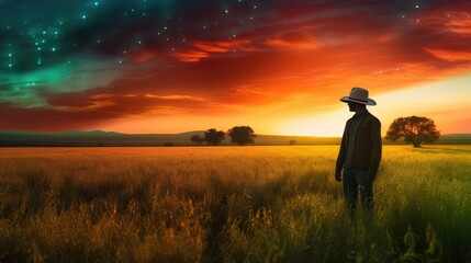 Sunset's Promise of Progress: A Futuristic Agribusiness Landscape with a Tech-Savvy Farmer in a Cowboy Hat Leading the Charge in Smart Farming Innovation
