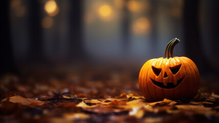 Spooky Pumpkin with Dark Hollow Eyes Surrounded by Fog