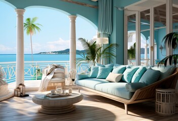 interior of a luxury beach lounge  overlooks a palm tree on the beach