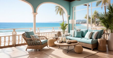 interior of a luxury beach lounge  overlooks a palm tree on the beach