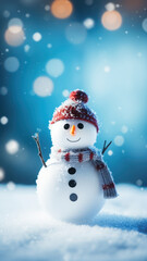 Fototapeta premium Adorable Snowman in a Frosty Landscape with Falling Snowflakes