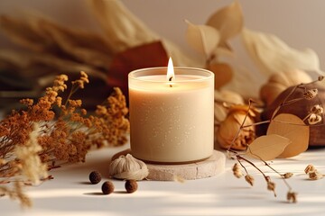 A vanilla scented candle is being burned on a beige background, creating a cozy and warm autumn atmosphere with dried leaves and flowers. This composition represents the comforts of home, spa - obrazy, fototapety, plakaty