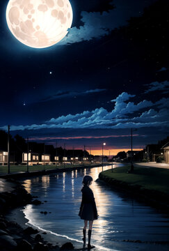 月と川と夜のコントラスト