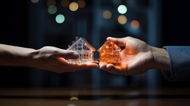  Maison miniature, mains agent immobilier et client discutant d'un contrat d'achat, d'assurance ou de pr&ecirc;t immobilier.