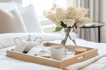 An elegant bedroom with a home staging vibe featuring a tray with coffee and flowers placed on the bed.