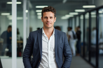 Leader in Innovation: High-Resolution Portrait of a Young Tech CEO Standing in a Bustling Office