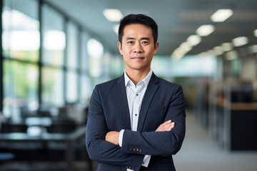 Leader in Innovation: High-Resolution Portrait of a Young Tech CEO Standing in a Bustling Office
