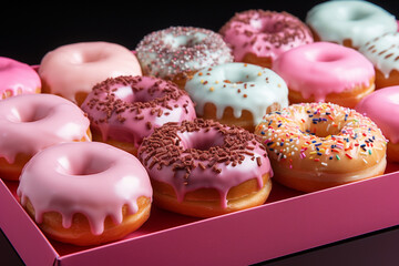 Flat lay layout of many colorful donuts: yellow glazed donuts, pink donuts, chocolate donuts.