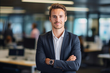 Fototapeta premium Leader in Innovation: High-Resolution Portrait of a Young Tech CEO Standing in a Bustling Office