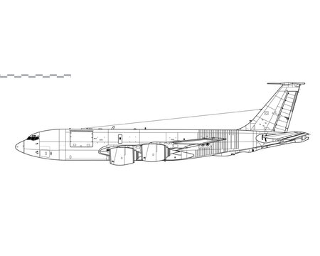 Boeing KC-135R Stratotanker. Vector drawing of aerial refueling tanker . Side view. Image for illustration and infographics. 