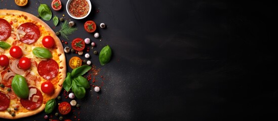 Tasty pepperoni pizza and cooking ingredients like tomatoes and basil on a black concrete background. The pizza is shown from a top view and is hot. space for text and it is presented in a flat lay