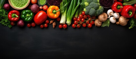 Obraz na płótnie Canvas A background image of healthy food with fresh vegetables and ingredients for cooking is shown from a top view, against a dark background.