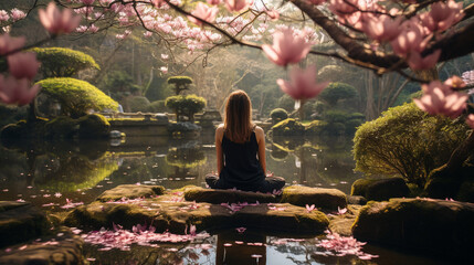 A calming nature landscape with a person meditating among lush greenery and blooming flowers 