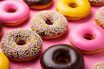 Flat lay layout of many colorful donuts: yellow glazed donuts, pink donuts, chocolate donuts.