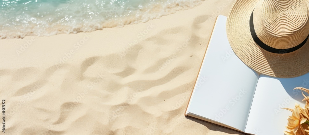 Poster a blank notebook with beach accessories in the background, suitable for writing. the photo is taken 