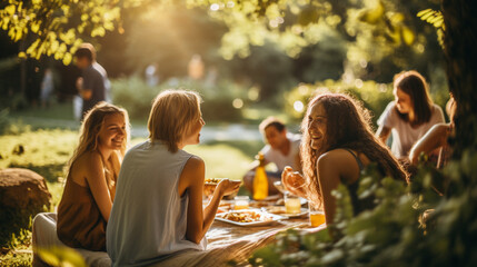 A group of friends enjoying a picnic in a picturesque park, promoting social connectedness 
