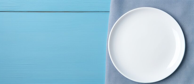 This image is of an empty white plate and a cotton napkin on a blue background. It is a food background suitable for a menu or recipe book. The table setting is shown from a top-down view, and is