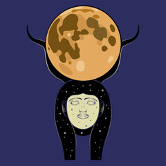 Head of ancient Egyptian goddess Hathor holding full moon between animal horns. Creative mythological concept.