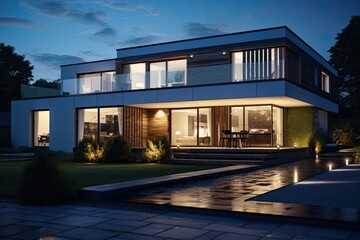 An image capturing the external view of a contemporary house illuminated with outdoor lighting during the nighttime.
