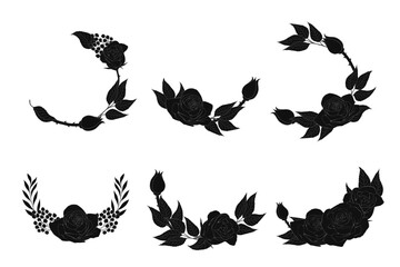 Roses hand drawn paint vector set. Ink drawing flowers and plants, monochrome