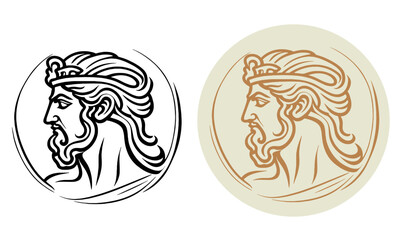 Greek roman male god logo. Stern face, straight nose. Coin