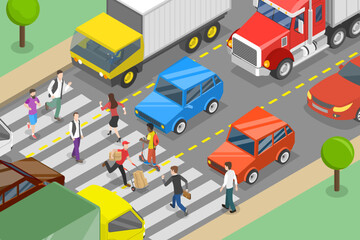 3D Isometric Flat Vector Conceptual Illustration of Busy City, Crosswalk with Pedestrians