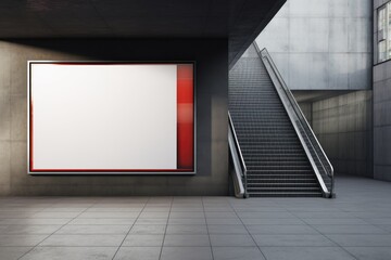 A visual representation of an empty advertising billboard template placed horizontally next to a set of stairs; a simulation of a display space for outdoor advertising media in a pedestrian underpass