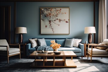 Actual image of a sophisticated living room setting featuring a couch in a blue hue, alongside an armchair, a stylish coffee table, a carpet adorned with tasteful patterns, and decorative paintings