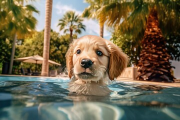 Golden retriever puppy swims in a pool with palm tree, generated with AI