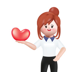 Young smiling woman holding heart like symbol. Social media concept. 3d vector people character illustration. Cartoon minimal style.