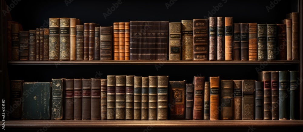 Aufkleber vintage books are displayed on a dark background shelf, allowing for copy space.