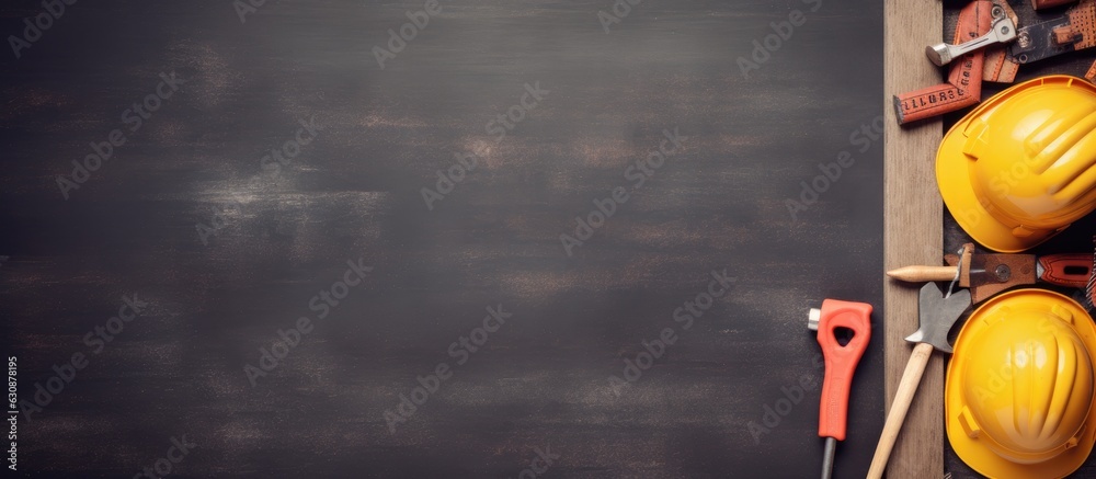 Aufkleber Labor Day Gift Card with space for text, featuring a set of tools on a black background. The frame serves as a mockup with an empty place for your message. This concept represents construction