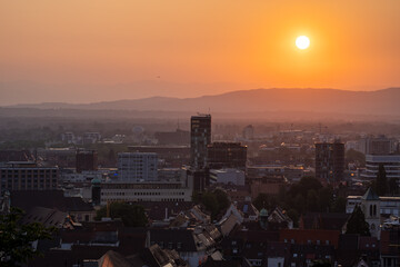 Freiburg Minster at sunset shot from the Kanonenplatz on top of the Schlossberg