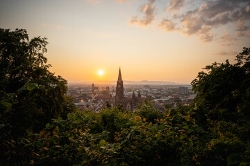 Obraz premium Freiburg Minster at sunset shot from the Kanonenplatz on top of the Schlossberg