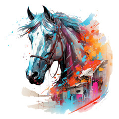 A futuristic horse t-shirt design featuring a cybernetic horse racing through a futuristic cityscape, Generative Ai
