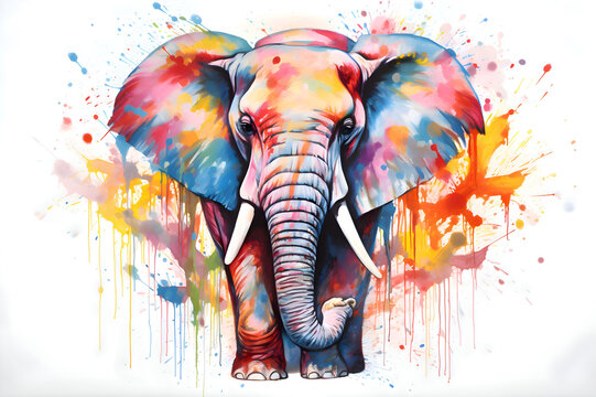illustration of elephant amidst stains of watercolor paints