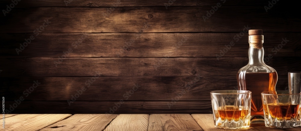 Poster A banner with a rustic wood background featuring Scotch whiskey without ice in glasses and a bottle, with copy space available.