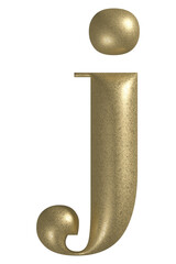 Letter J realistic gold 3d texture. Metal, inflate, lower case j serif font, isolated on transparent background.