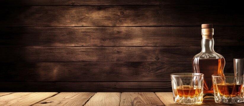 A banner with a rustic wood background featuring Scotch whiskey without ice in glasses and a bottle, with copy space available.